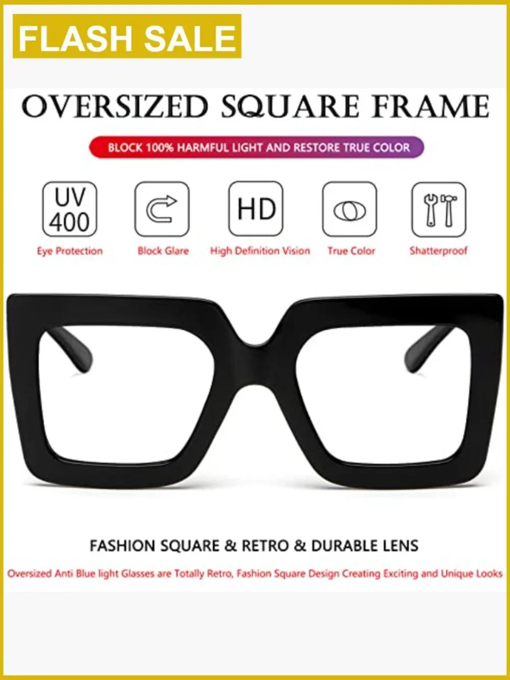 Oversized Square Blue Light Blocking Glasses Full Rim UV Protection